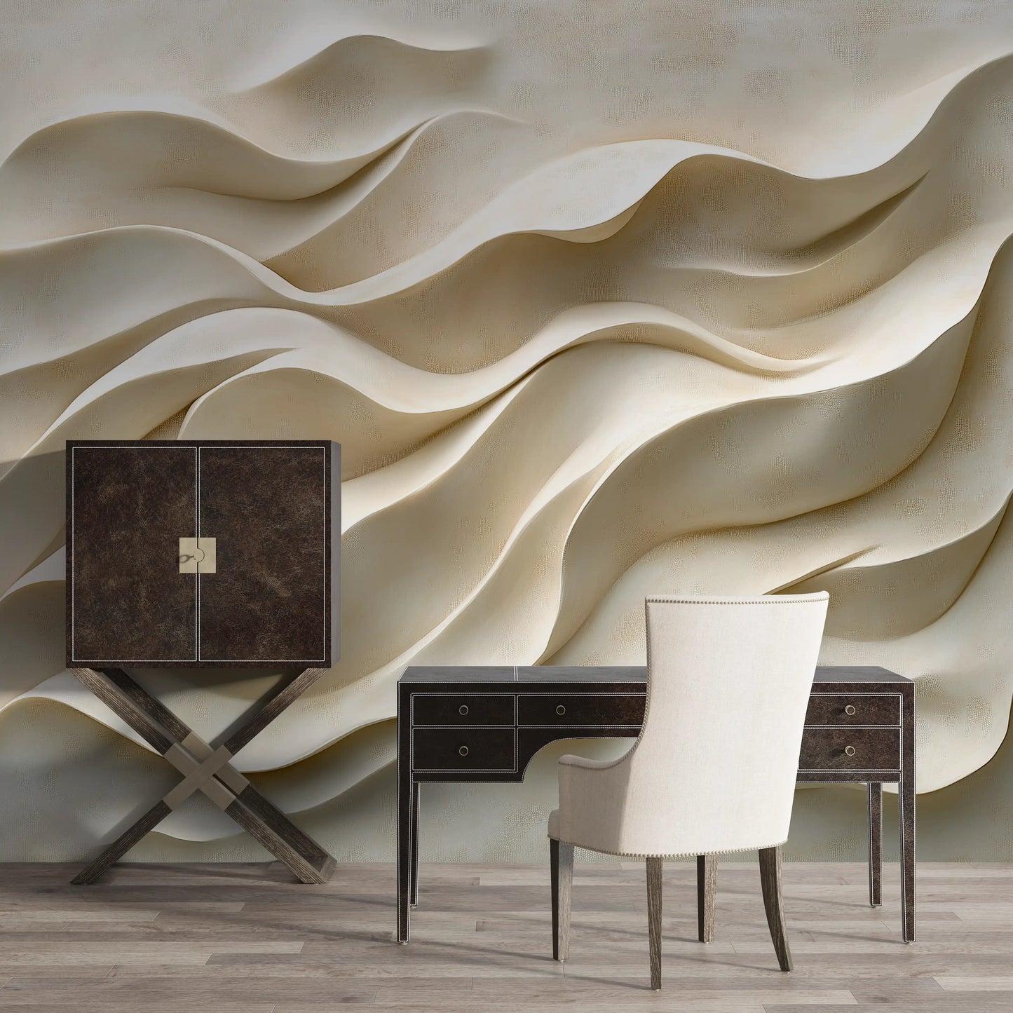 Stylish interior featuring the Фототапет Бели дюни with waves design and modern desk and chair.
