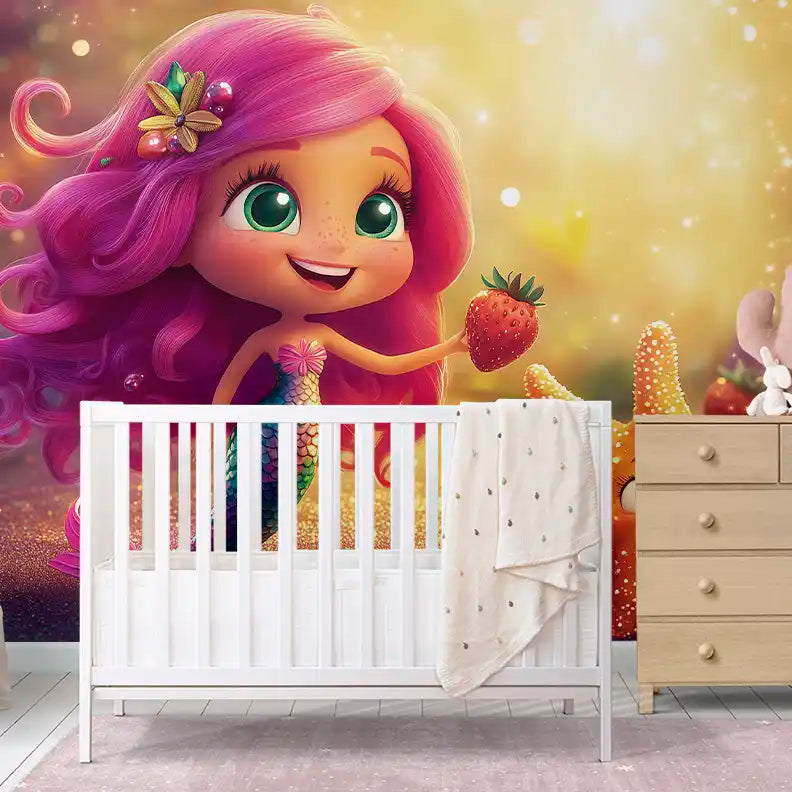 Colorful mermaid mural in children's room with strawberries and starfish, creating a magical underwater theme.