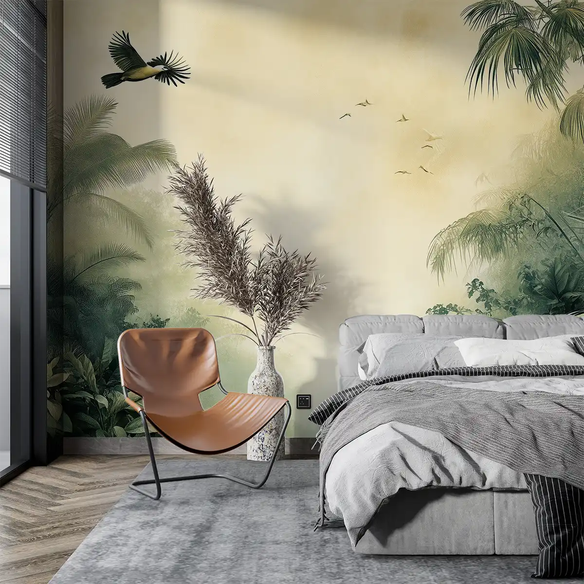 Serene bedroom featuring the 'Pолет над оазиса' mural with nature motifs and stylish decor.