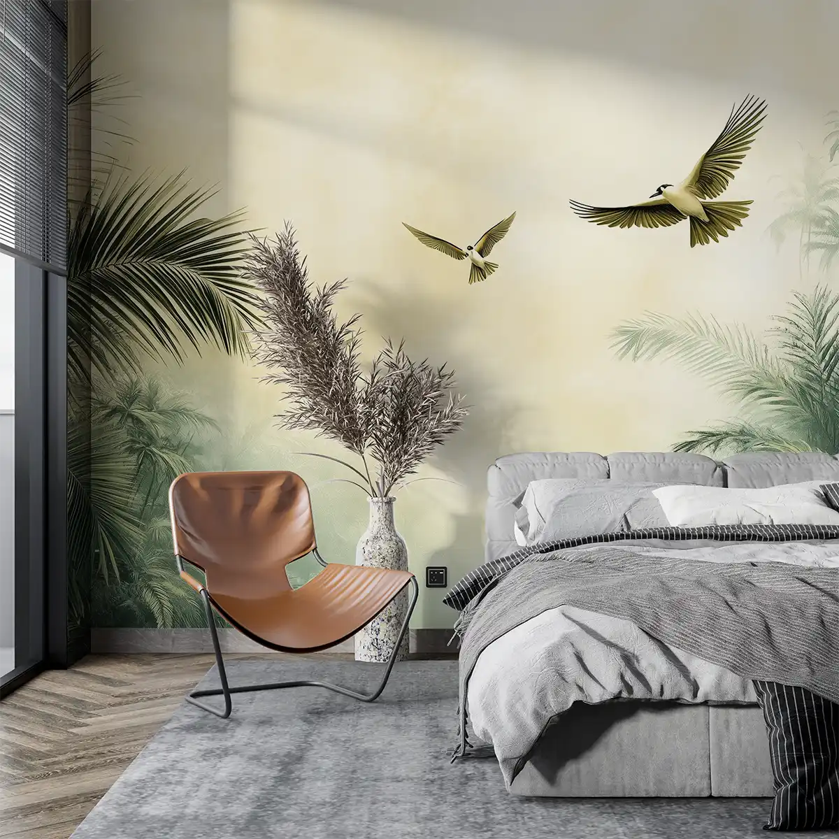 Stylish bedroom featuring the 'Green Oasis Freedom' wallpaper with flying birds and lush tropical plants.