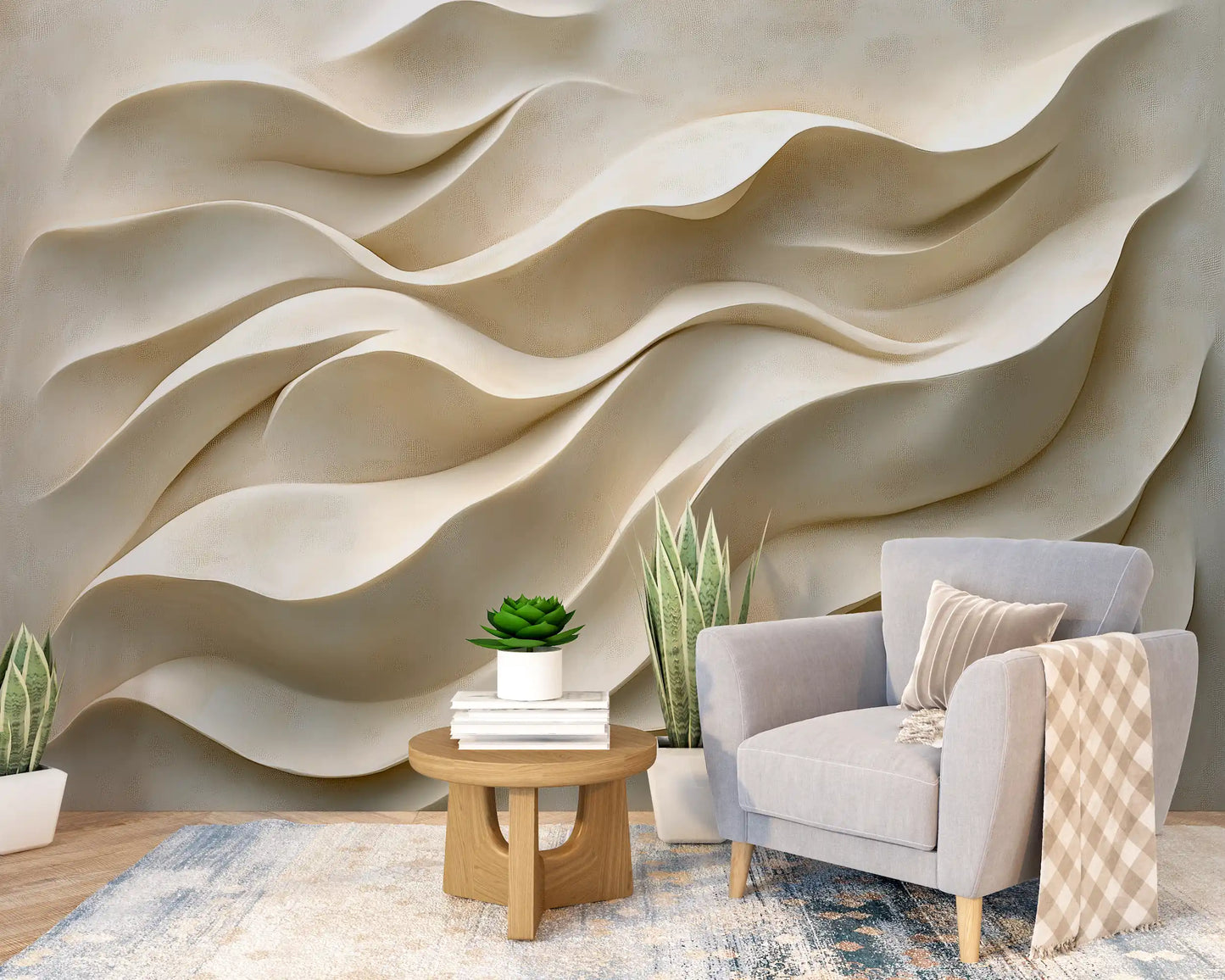 Elegant interior featuring a 3D wave wall design, a cozy chair, potted plants, and a stylish rug.