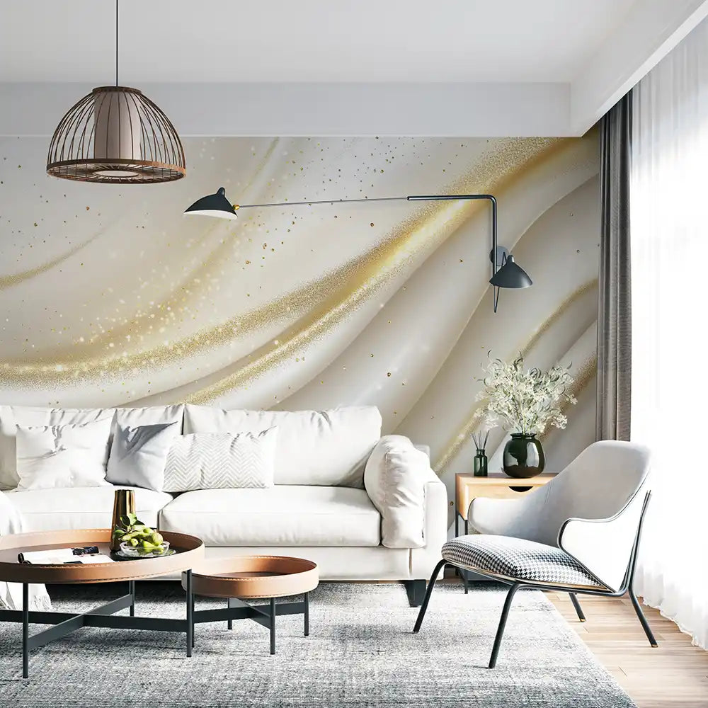 Elegant living room featuring the "Блестяща елегантност" mural with soft color tones and a stylish decor.