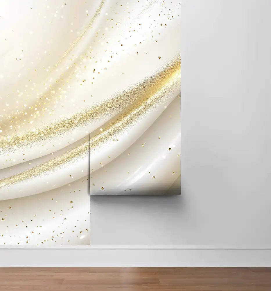 Elegant white and gold photo wallpaper featuring sparkling details for stylish interior decor.