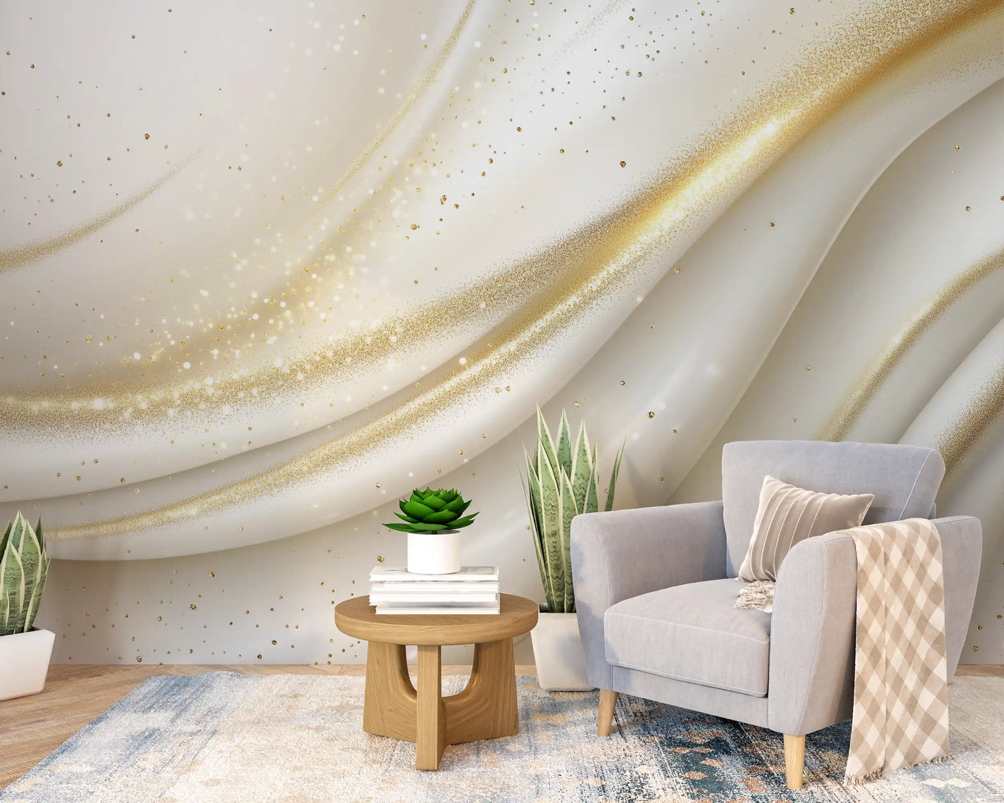 Elegant wallpaper with gold accents and soft curves, enhancing modern interior design with a chic aesthetic.