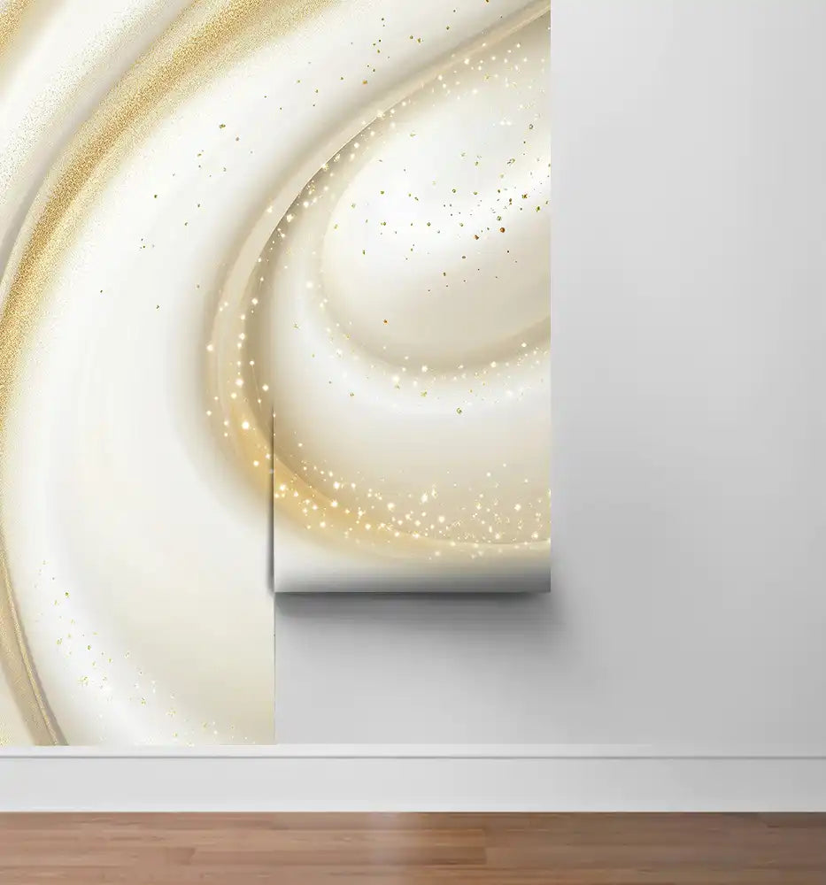 Elegant photo wall mural featuring soft white and gold swirls with sparkling details, perfect for stylish interiors.