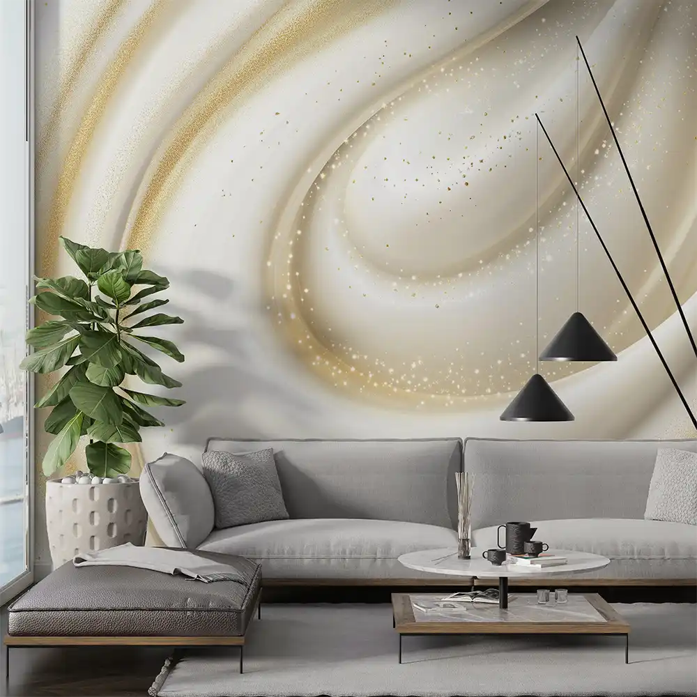 Stylish interior featuring the "Elegant Shine" wallpaper with subtle golden accents and modern decor elements.