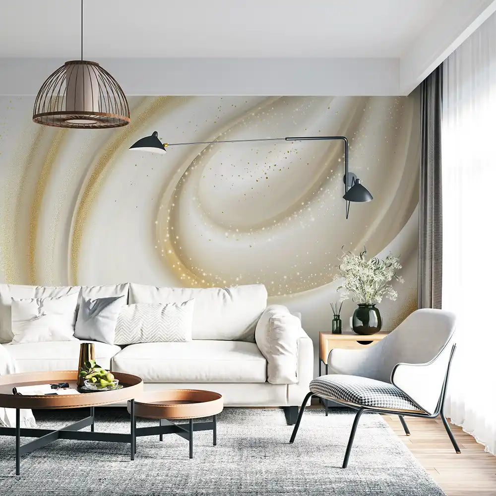 Stylish living room featuring the 'Elegant Shine' wallpaper with soft gold accents, modern furniture, and cozy atmosphere.