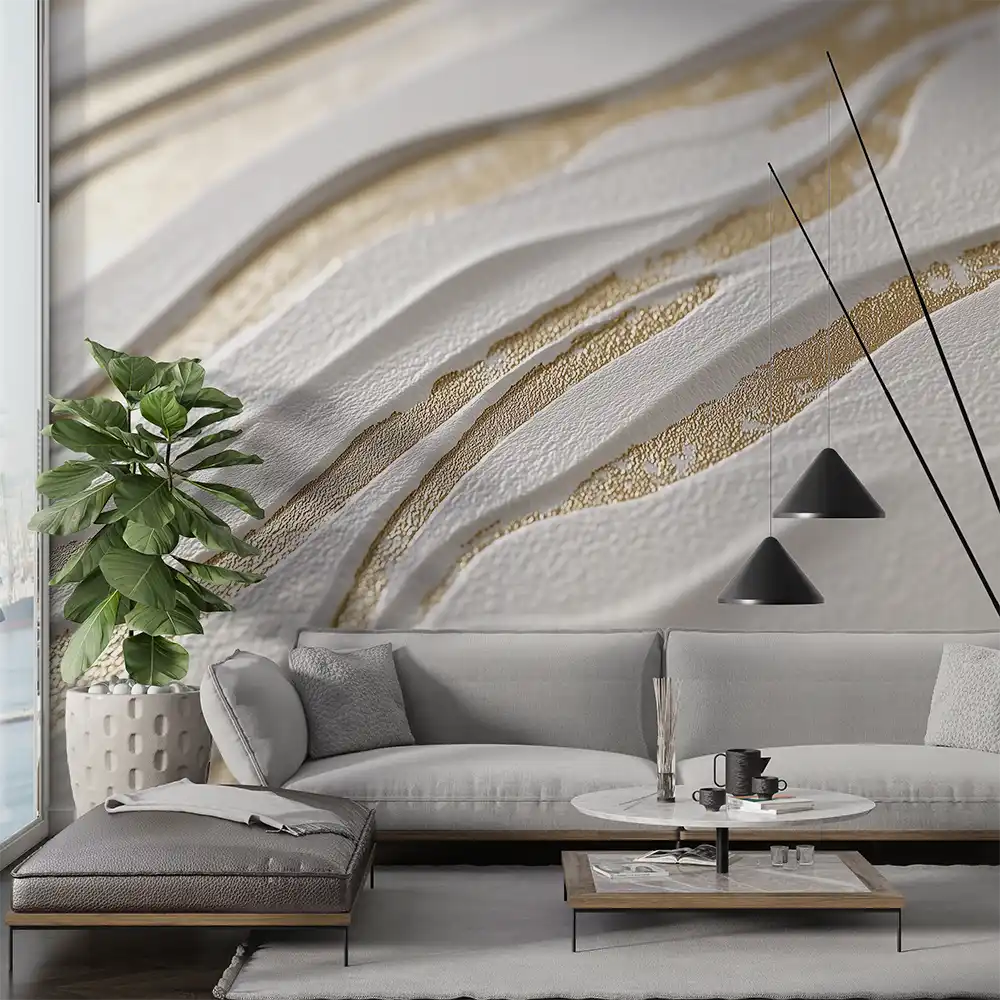 Elegant relief wallpaper showcasing delicate texture and stylish design in a modern living room setting.