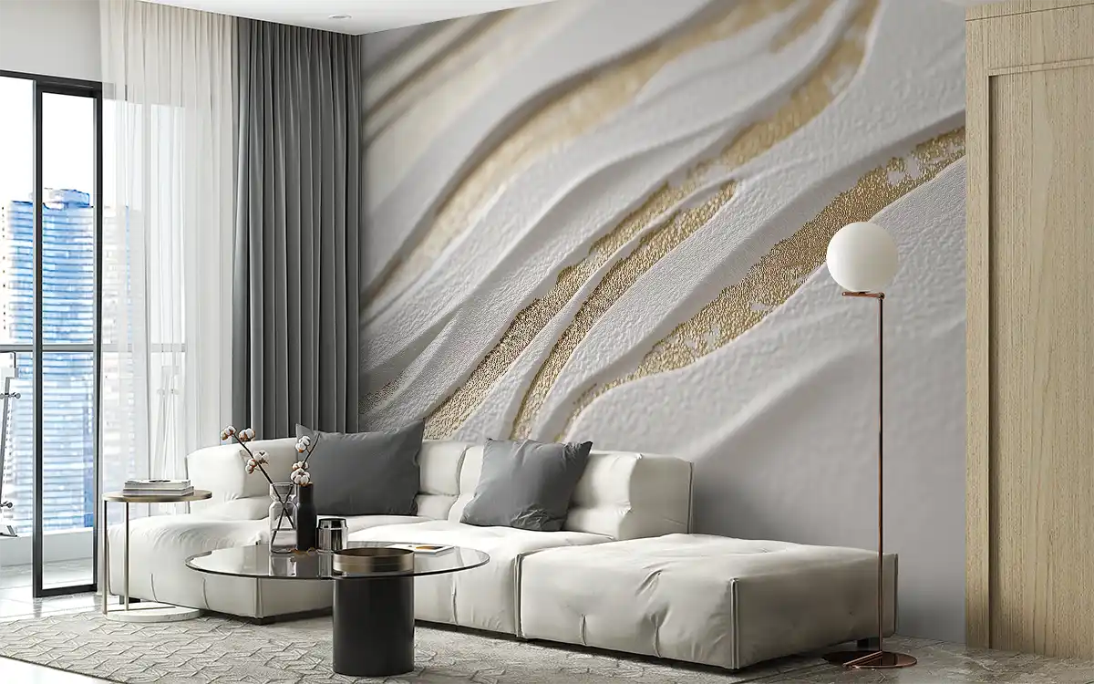 Elegant textured wall mural in a modern living room, enhancing the interior with sophistication.