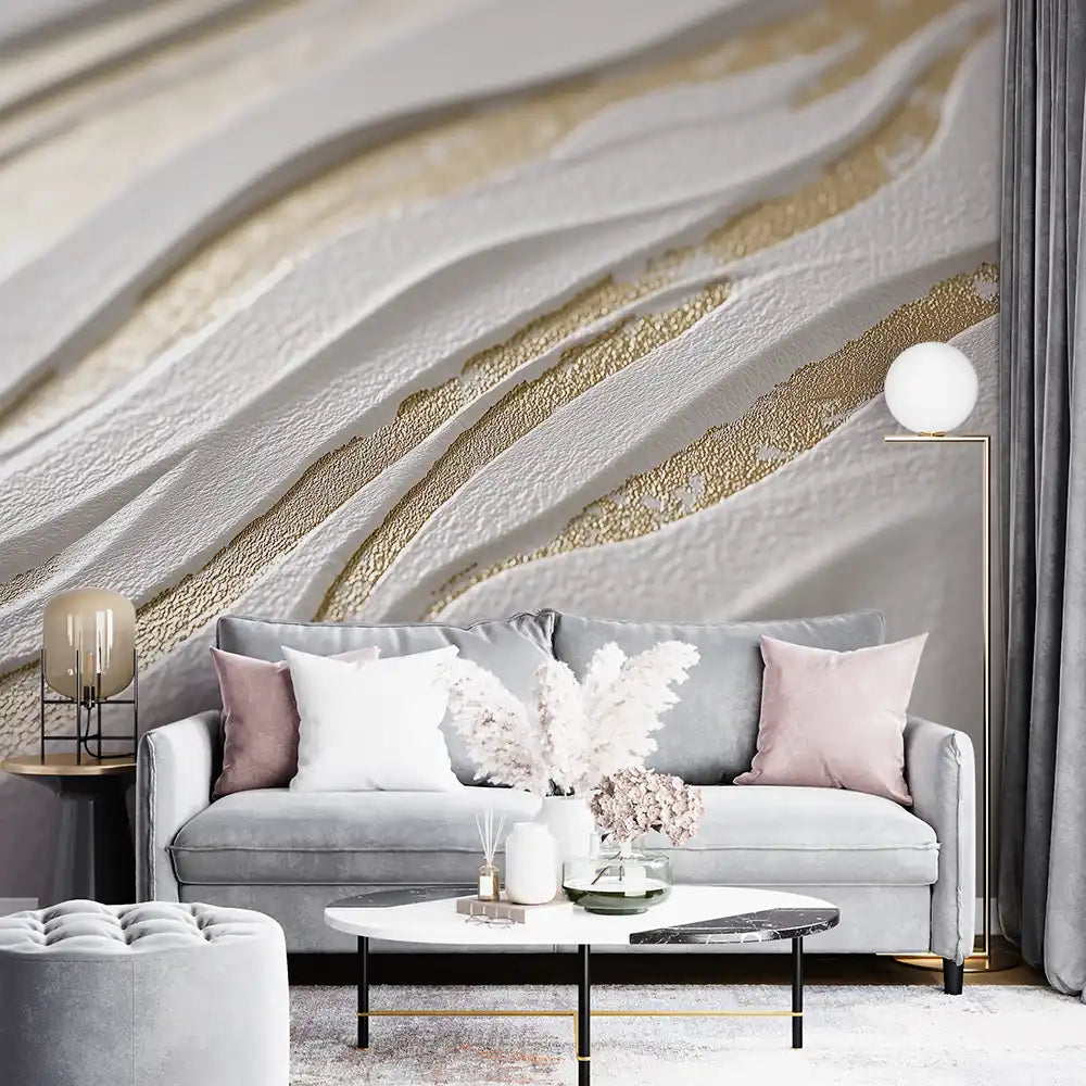 Elegant relief wallpaper featuring soft textures and gold accents in a modern living room setting.
