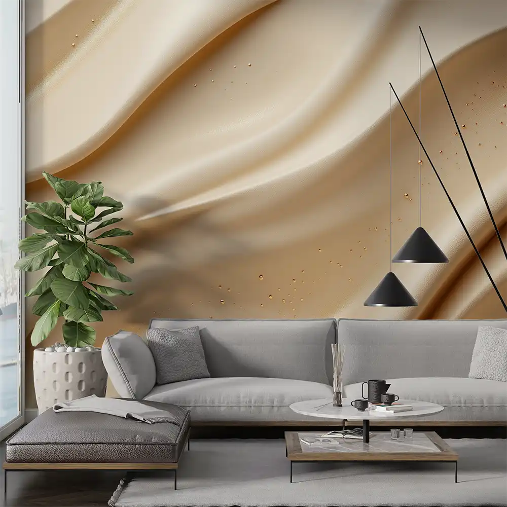 Stylish living room featuring soft beige wallpaper, modern furniture, and plants for a cozy and elegant atmosphere.
