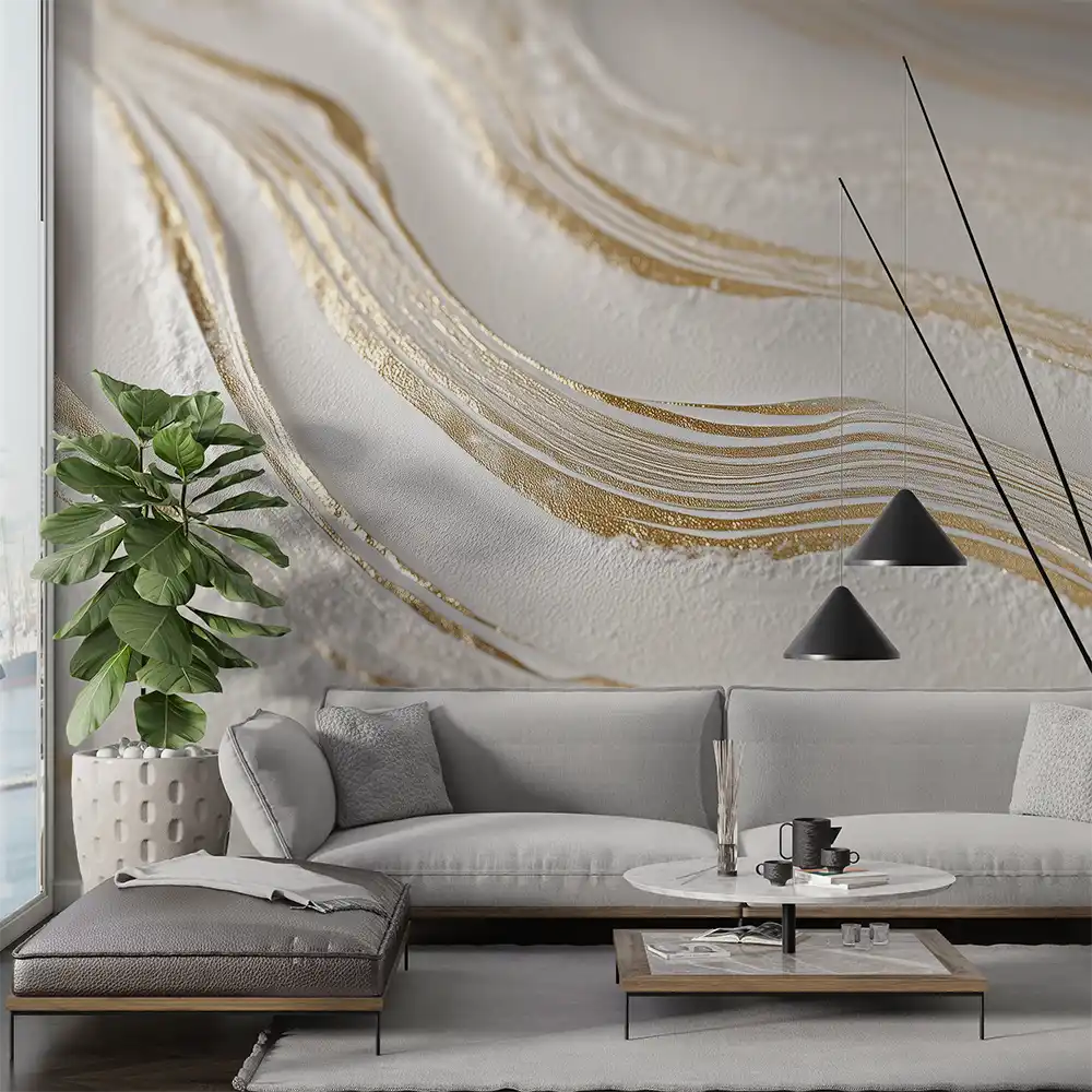 Elegant living room featuring 'Мраморен поток' wallpaper with marble patterns and gold accents.