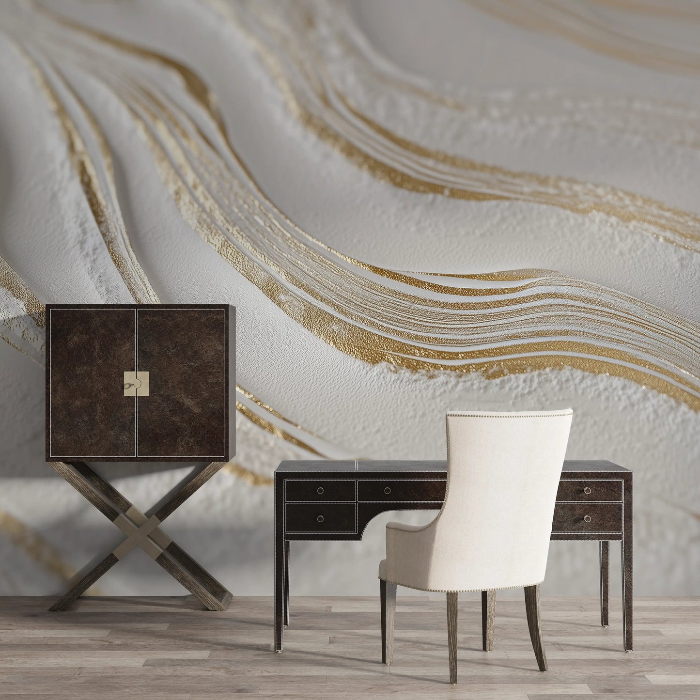 Stylish interior featuring a marble wave wallpaper with gold accents and modern desk and chair.