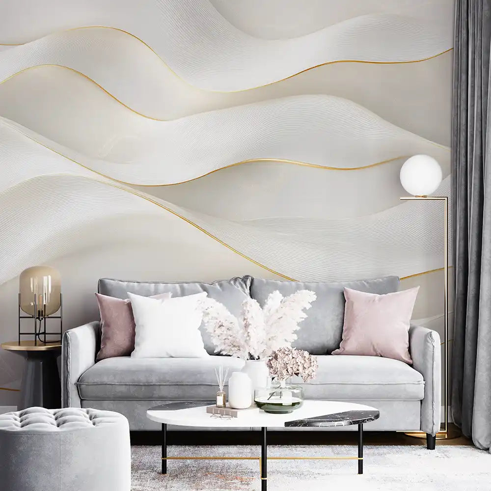 Elegant wallpaper with soft waves and gold accents, enhancing modern living room decor.