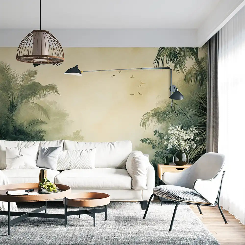 Stylish living room with 'Flight over Oasis' wall mural, featuring tropical plants and modern decor.