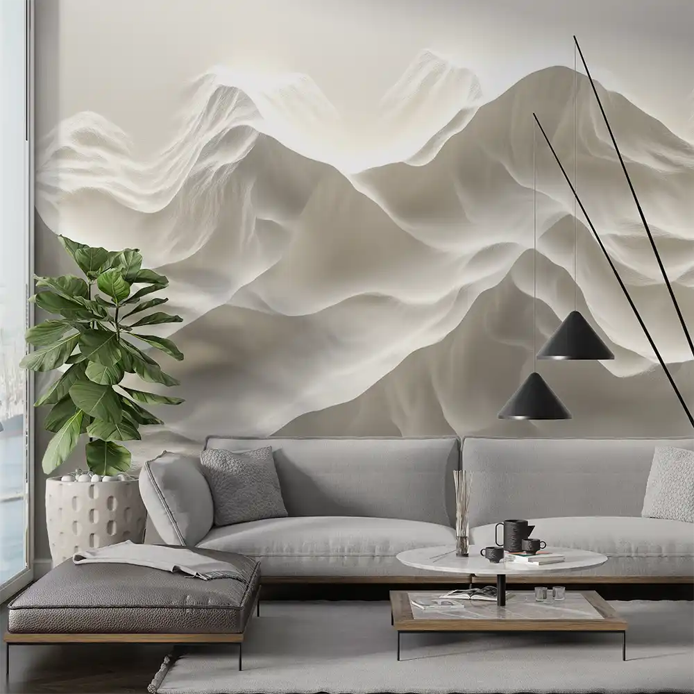Modern living room featuring a serene mountain mural with soft tones and a stylish sofa set.