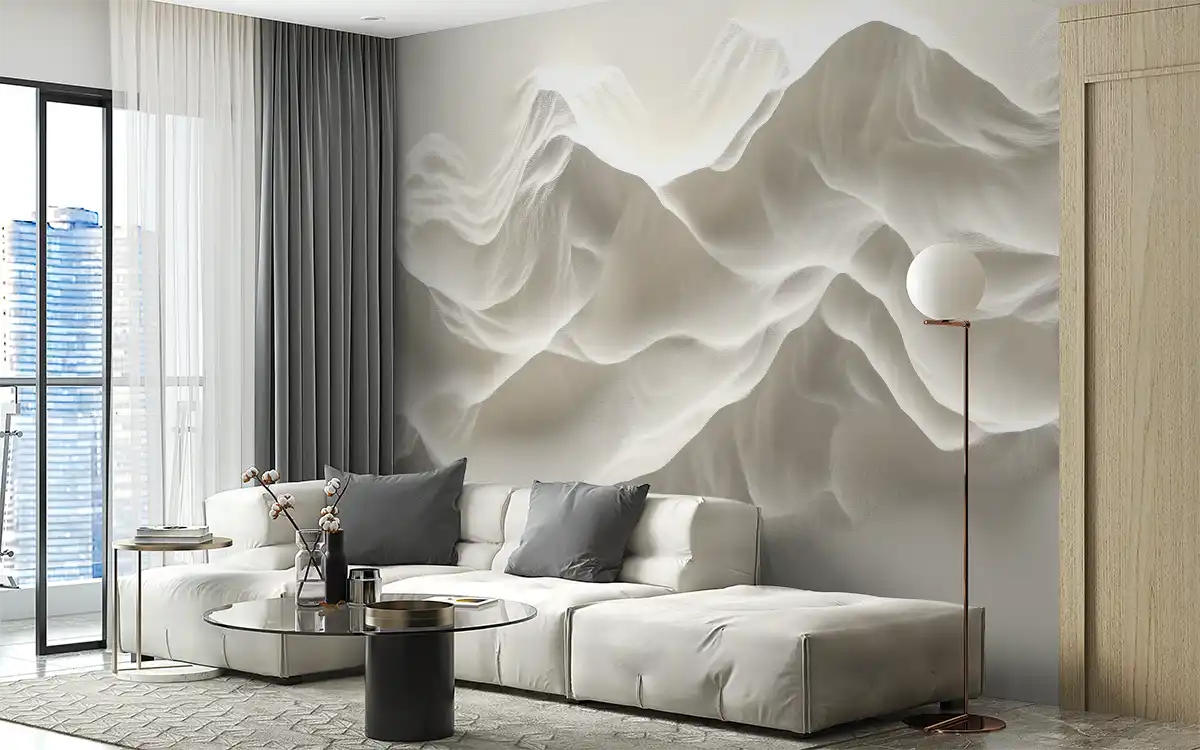 Stylish living room featuring a three-dimensional mountain mural in neutral tones, enhancing interior elegance.