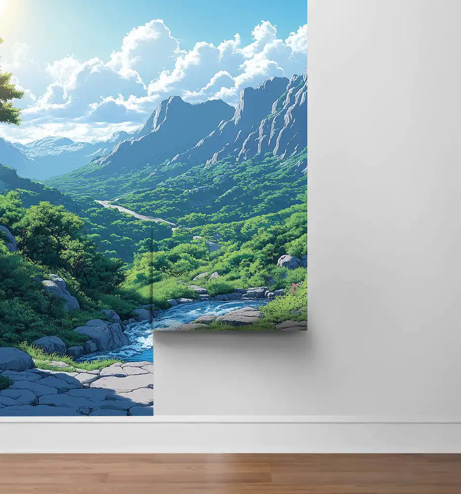 Serene mountain landscape mural with lush greenery and a flowing stream, perfect for creating a calming atmosphere.