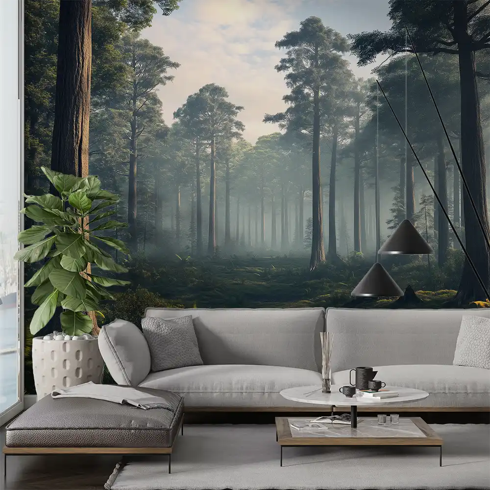 Interior view featuring a mystical forest mural, gray sofa, and modern decor creating a serene atmosphere.