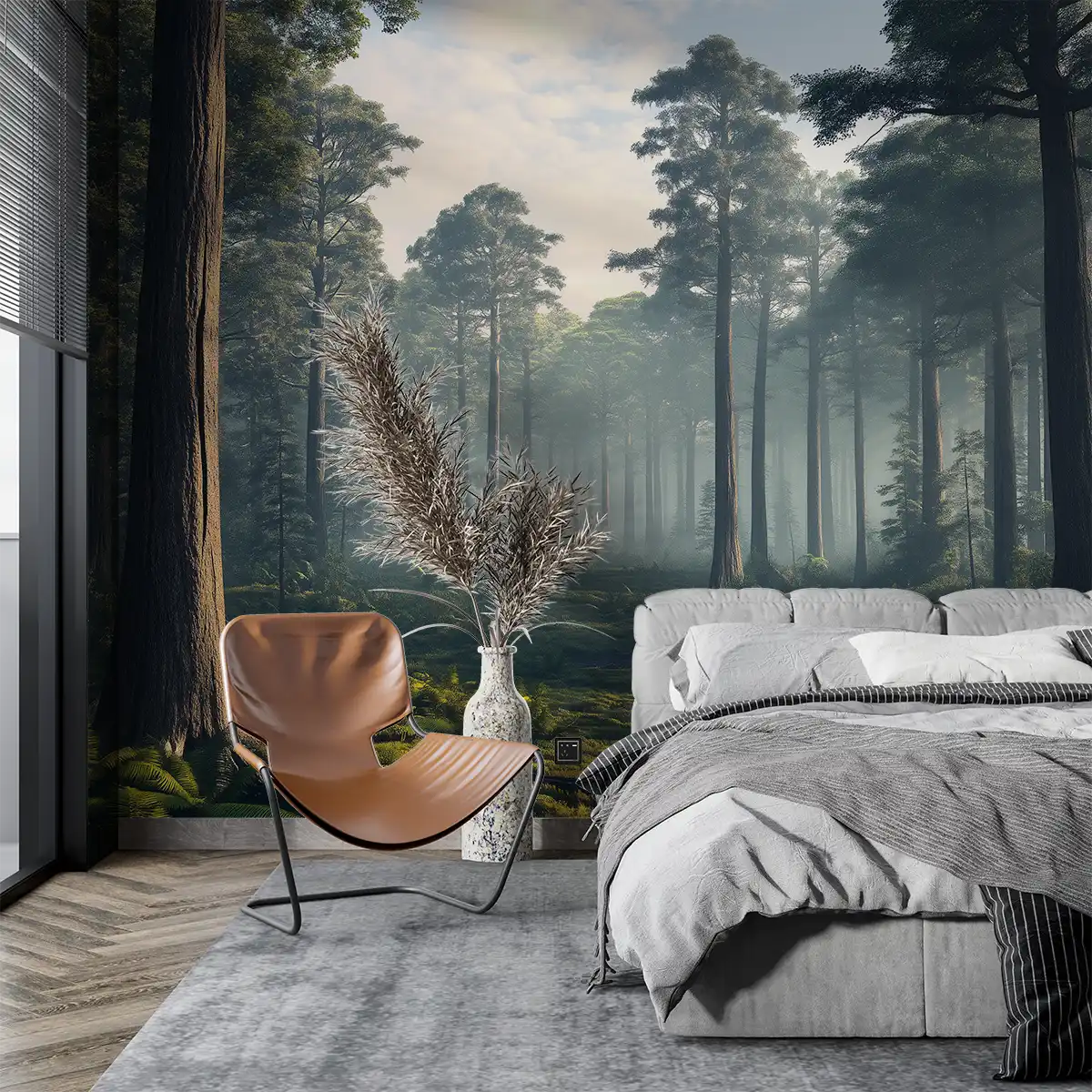 Interior design featuring 'Mystical Forest' wallpaper that enhances the serene atmosphere in a modern bedroom.