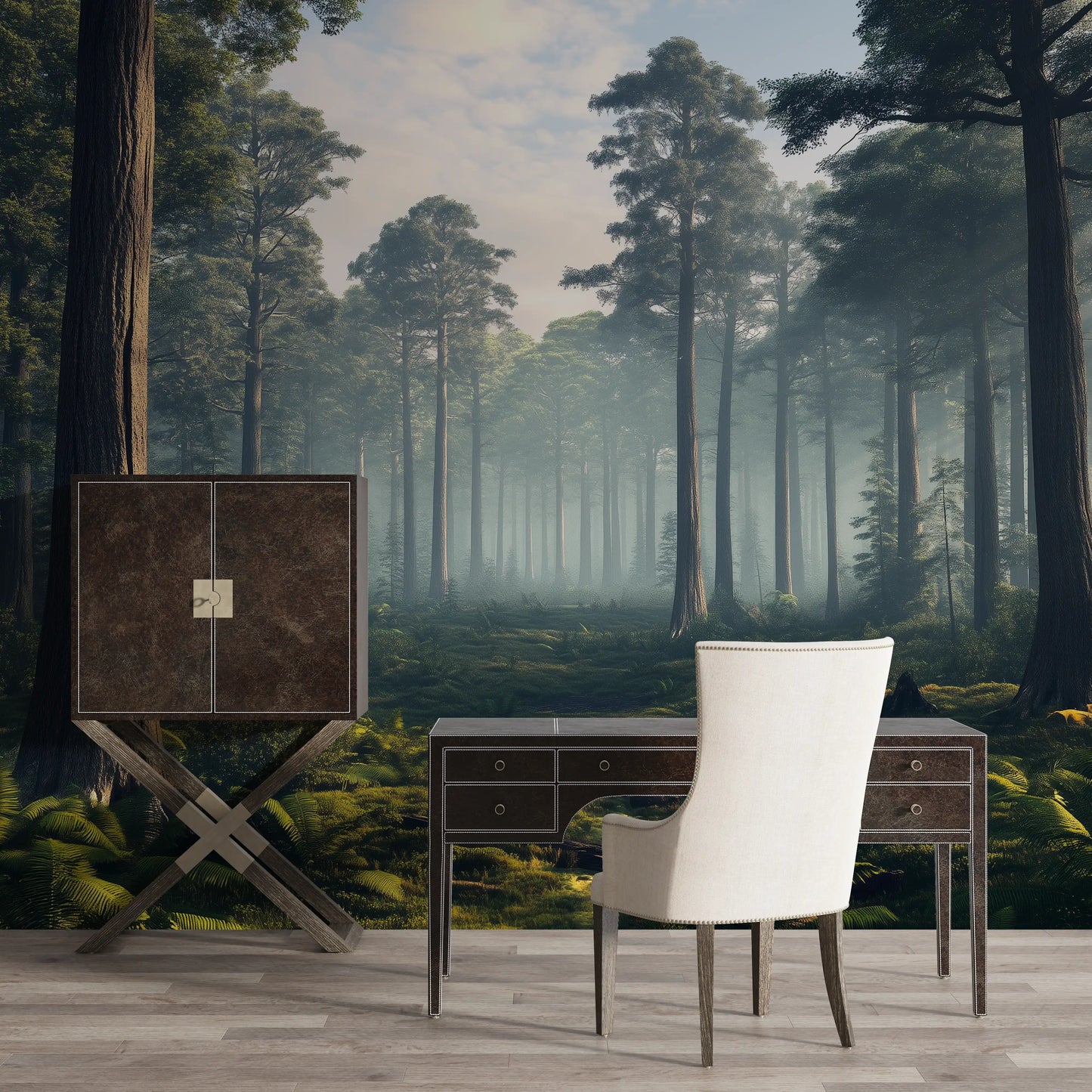 Interior with 'Тайнствена гора' photowall, creating a mystic forest atmosphere in a modern workspace.