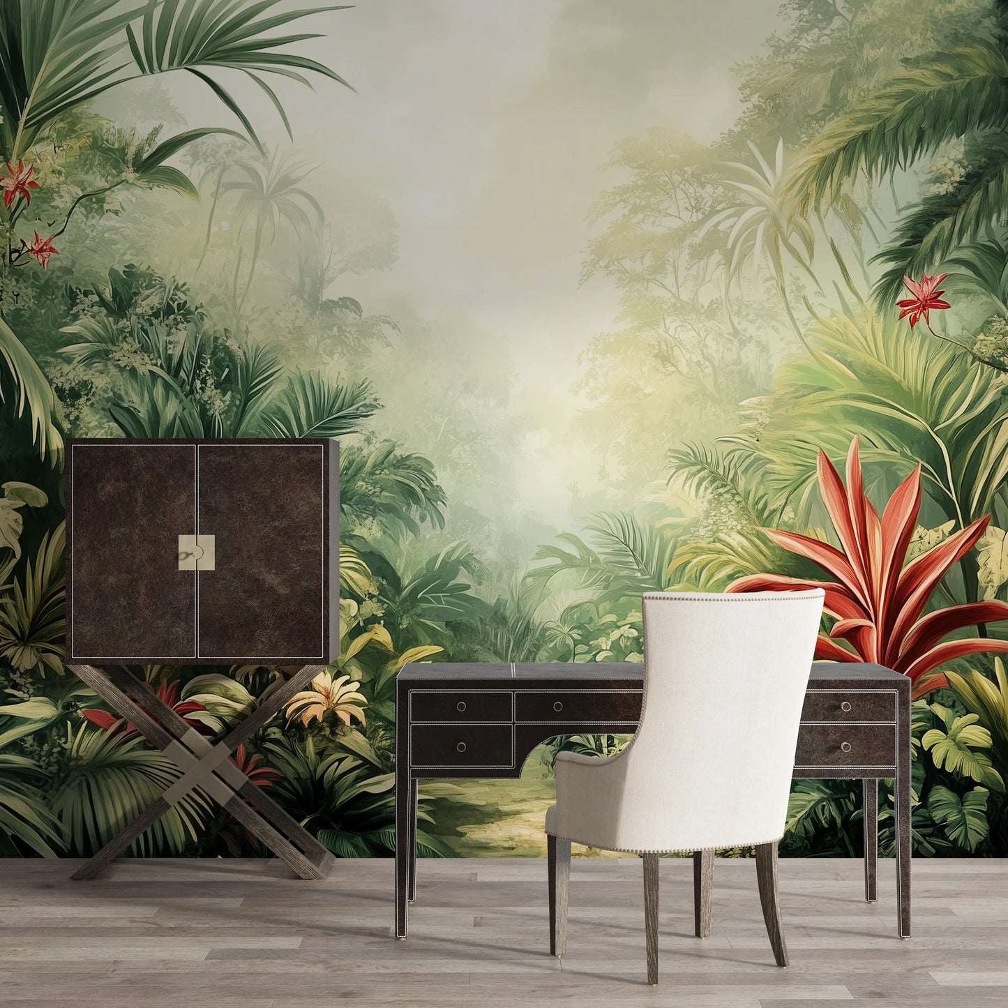 Tropical paradise wallpaper featuring lush greenery and vibrant flowers, perfect for a stylish office space.