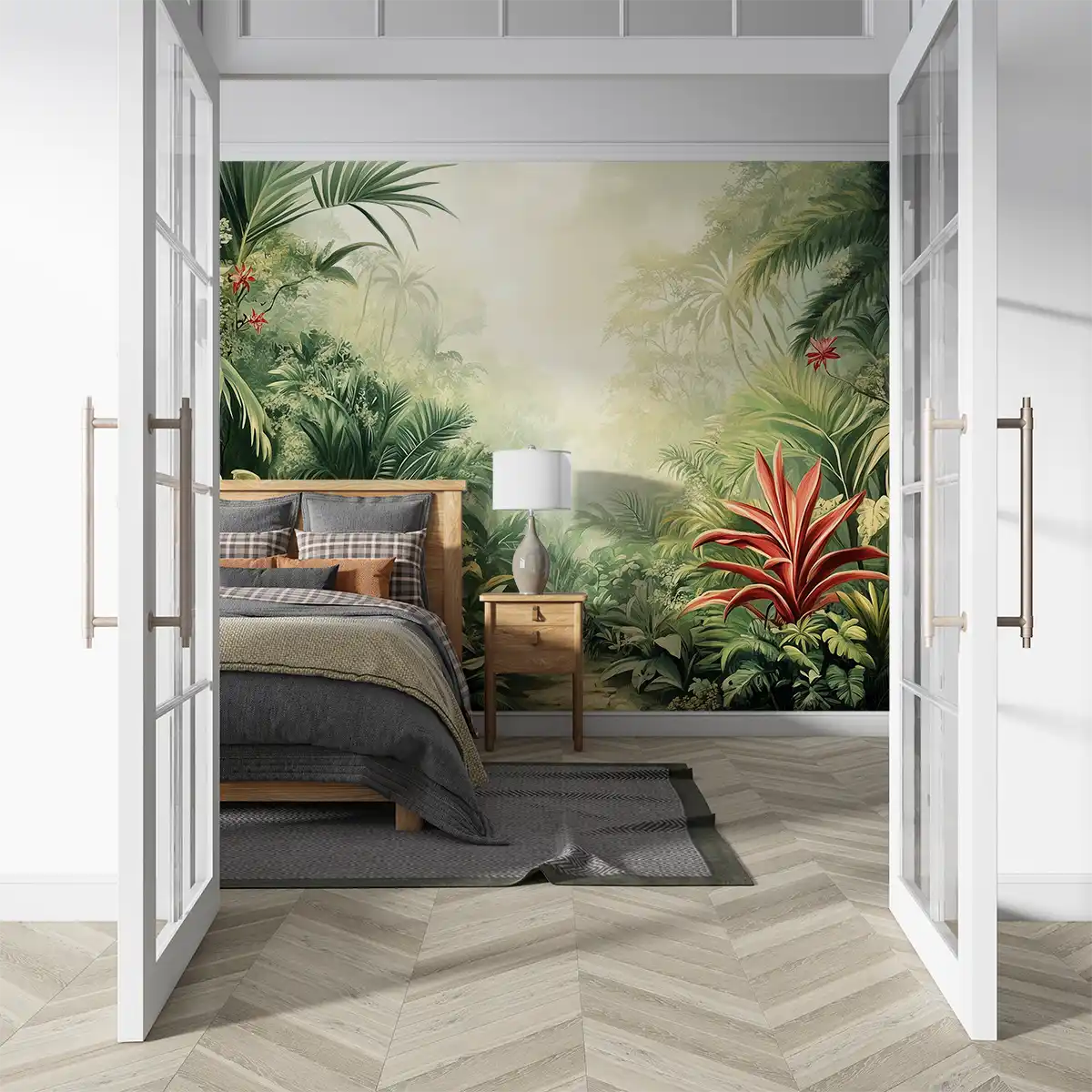 Modern bedroom featuring a tropical flower mural, showcasing vibrant greenery and a serene atmosphere.