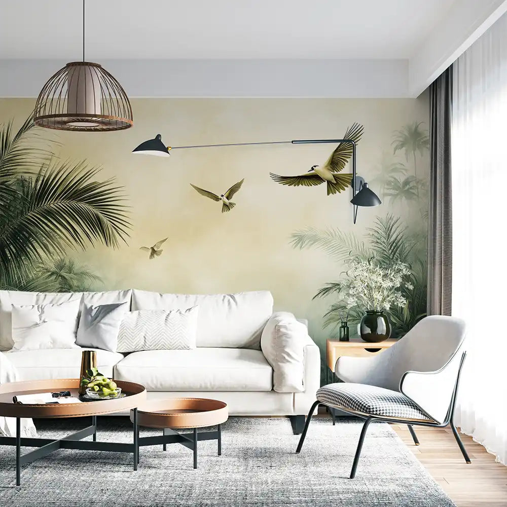Green oasis wall mural with birds in a modern living room featuring minimalist furniture.