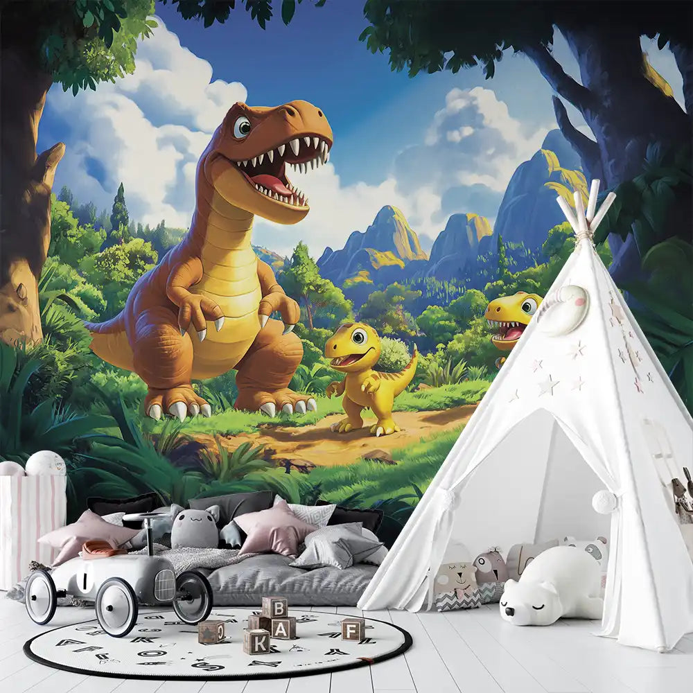 Colorful dinosaur mural in a kids' room, featuring T-Rex and baby dinosaur among lush greenery and mountains.