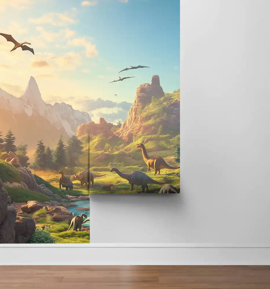 Colorful dinosaur mural depicting a prehistoric landscape with mountains and flying pterosaurs, ideal for children's rooms.