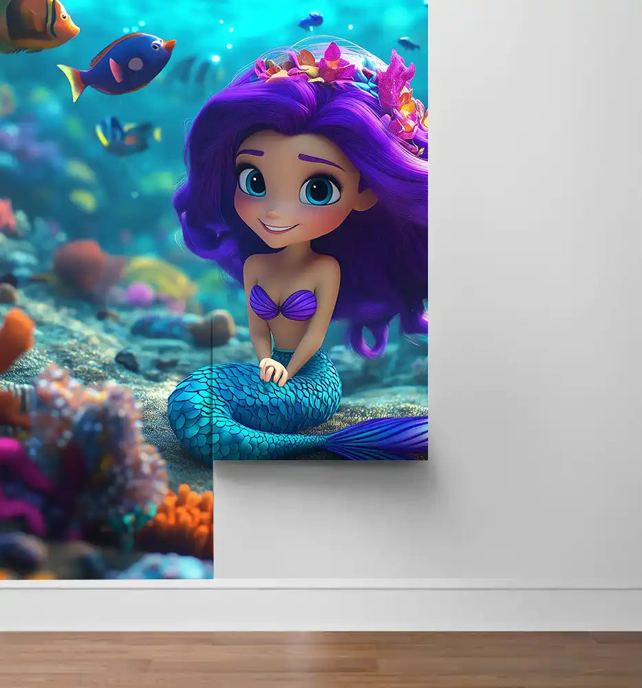 Colorful mermaid character in an enchanting underwater world, ideal for kids' room decor.