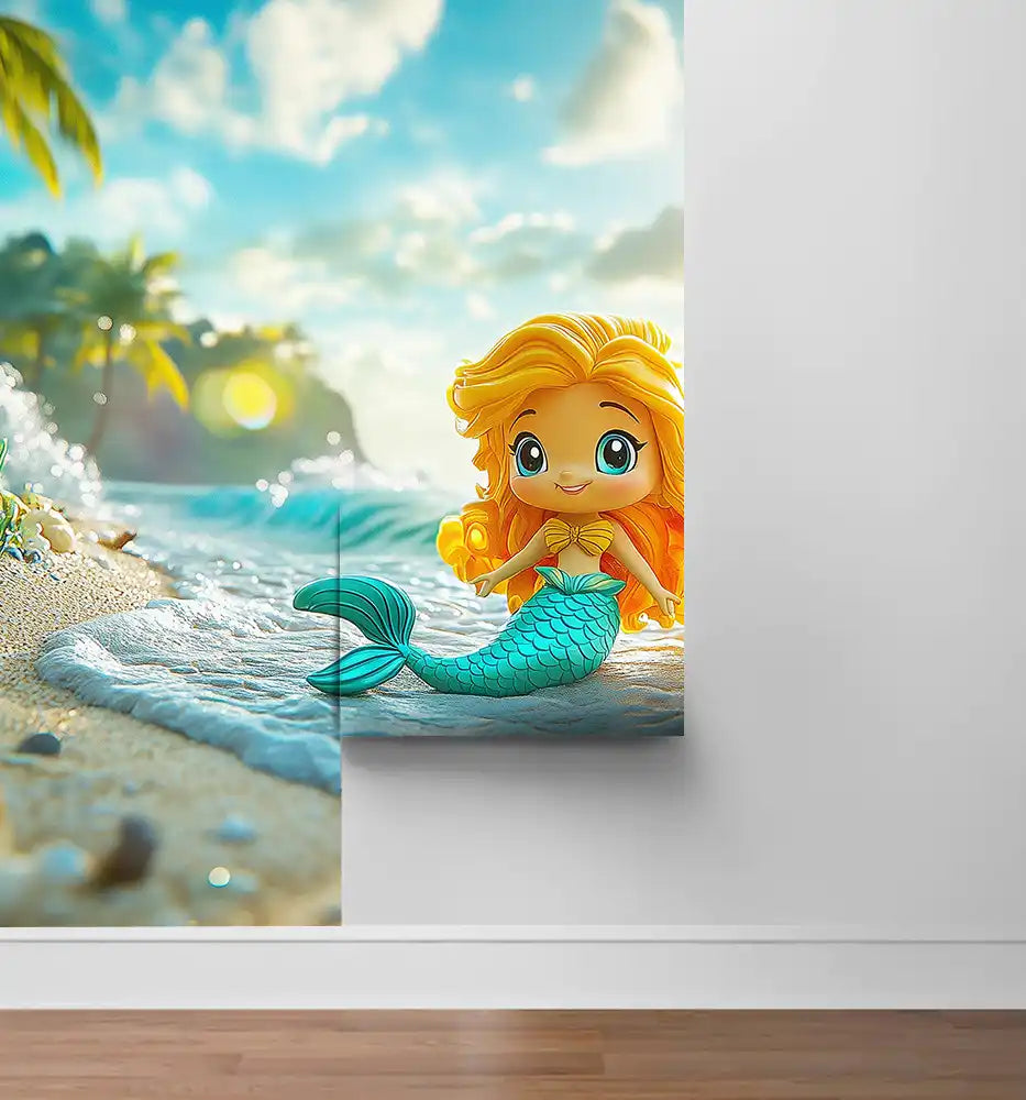 Colorful mermaid wall mural for kids' rooms, depicting a happy mermaid by a tropical beach.