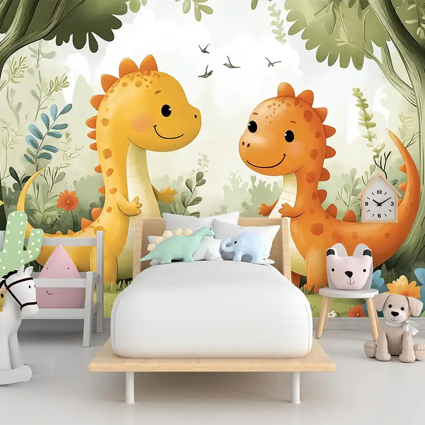 Colorful dinosaur wallpaper for children's room, featuring playful dinos in a vibrant jungle setting.