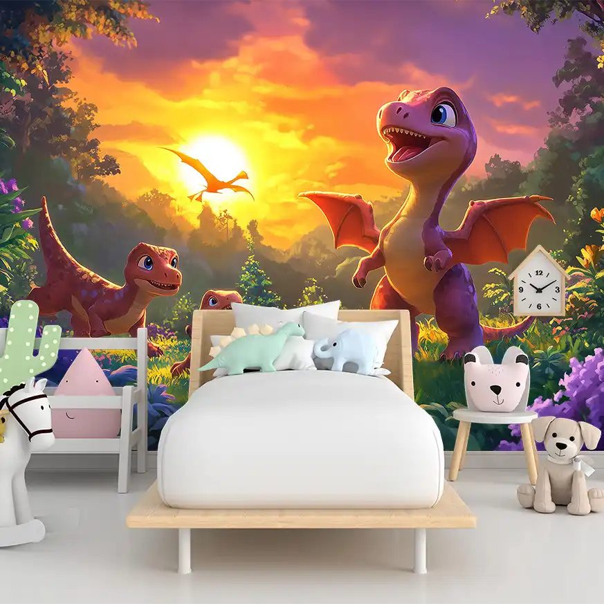 Colorful dinosaur wallpaper in a children's room, featuring a sunset and playful dinosaur silhouettes.