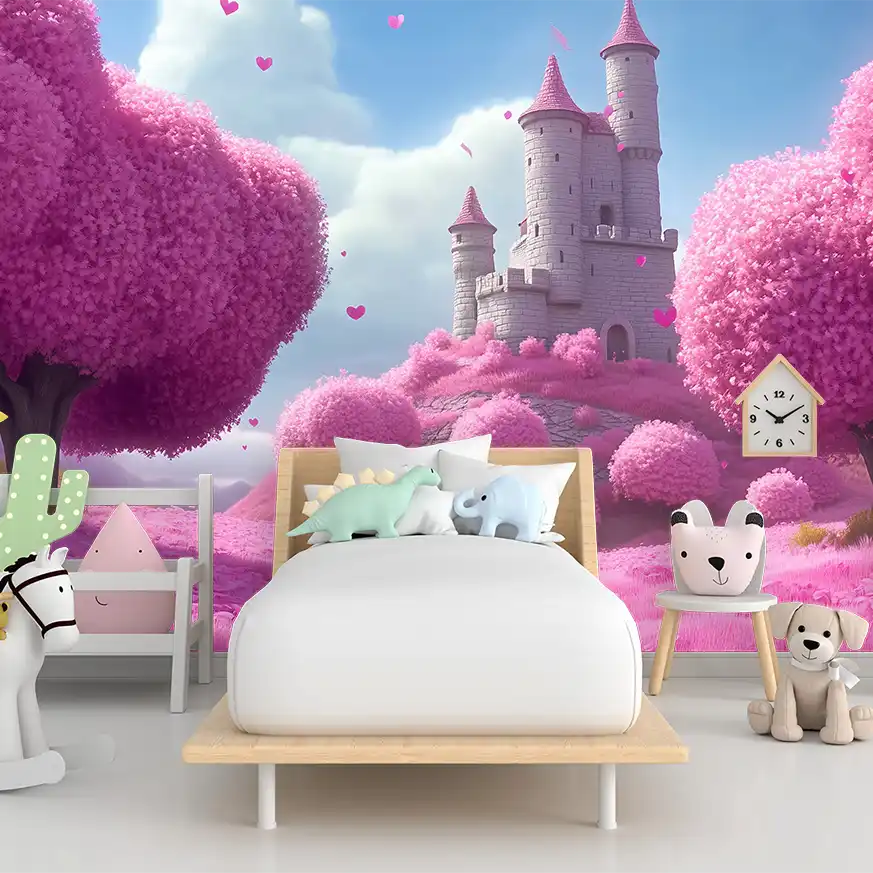 Dreamy children's room with pink castle wallpaper, soft pastel colors, and playful decor.