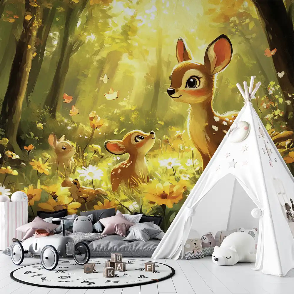 Colorful children's room wallpaper featuring playful deer among flowers and butterflies, creating a magical atmosphere.