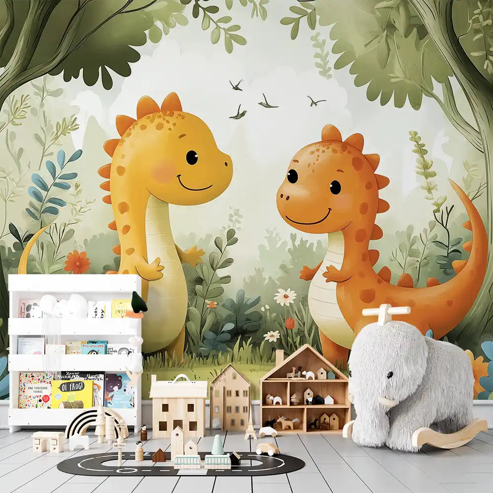 Colorful wall mural of cheerful dinosaurs in a jungle, perfect for a child's bedroom decoration.