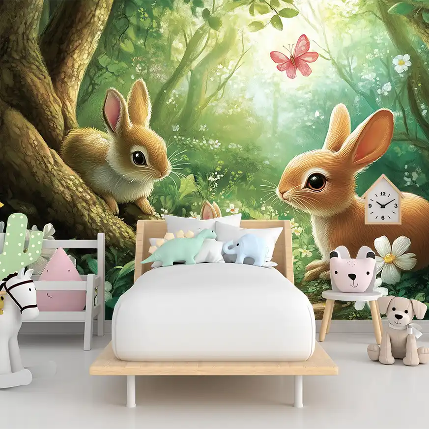 Colorful rabbit mural in children's room with playful decor and a serene forest backdrop.
