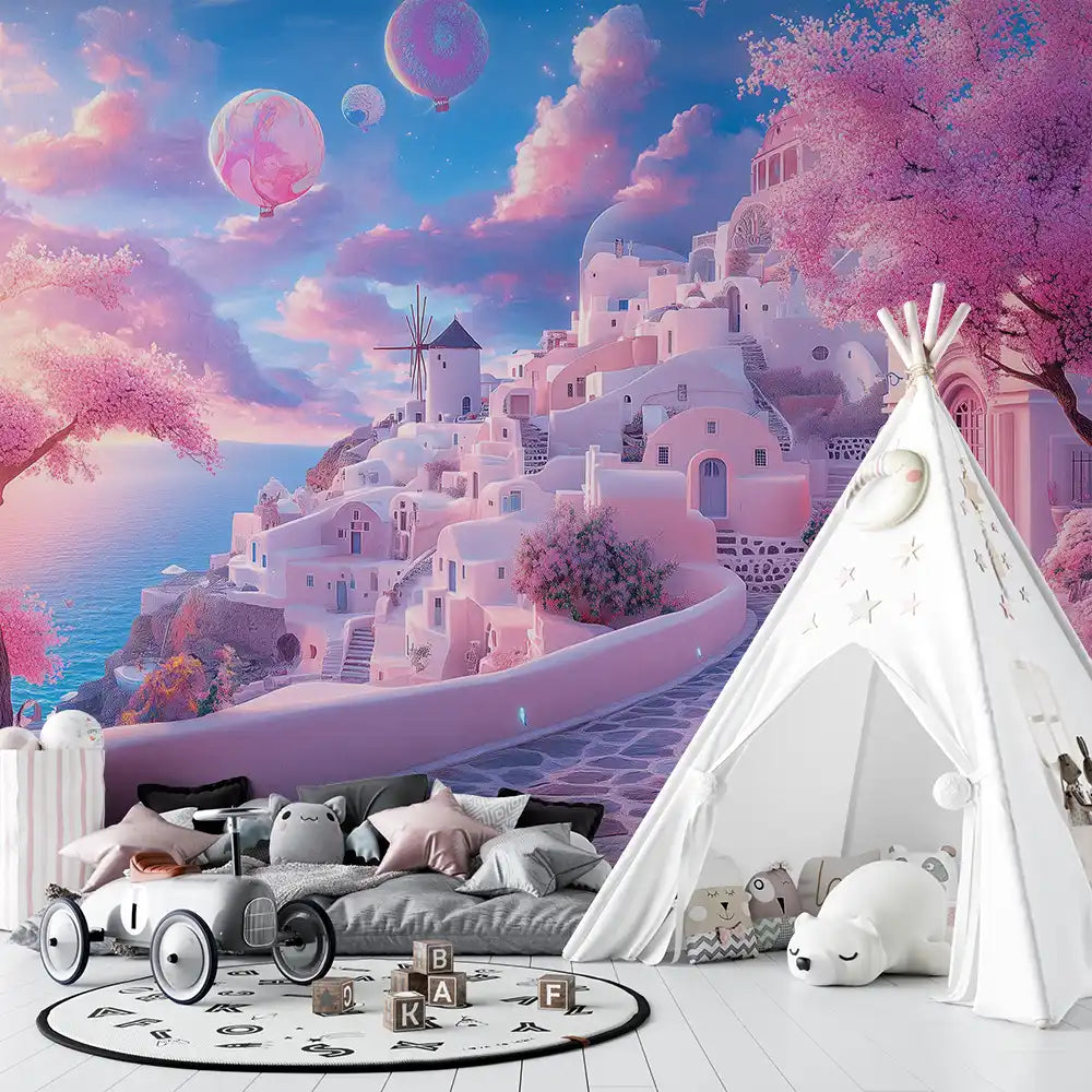 Wall mural of a pink city with magical balloons, creating a dreamy atmosphere for a child's room.