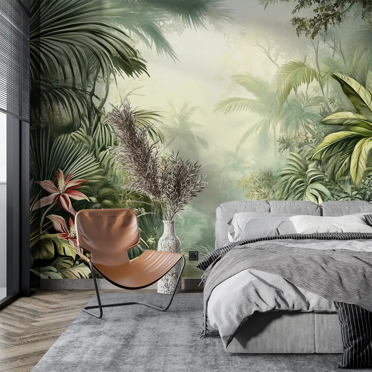 Stylish bedroom with tropical floral wallpaper, elegant chair, and modern decor, creating a vibrant and fresh oasis.