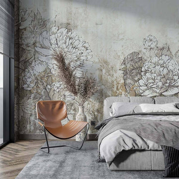 Елегантна спалня с флорален фототапет в неутрални тонове.