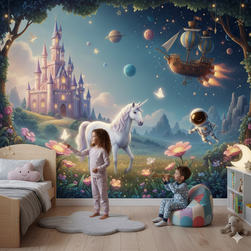 Фототапет за детска стая с вълшебен дизайн, изобразяващ приказен свят, подходящ за декориране на стени по индивидуални размери.