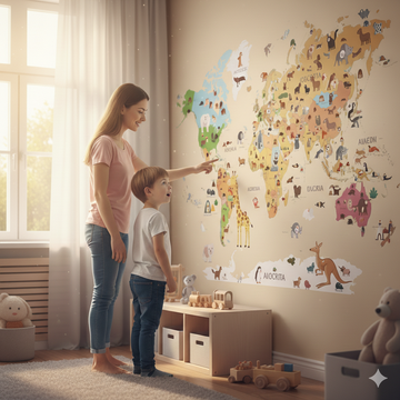 Майка и дете разглеждат голям образователен стикер карта на света с животни върху бежова стена в детска стая.