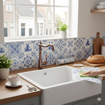 Водоустойчиви самозалепващи стикери за плочки в нидерландски винтидж стил върху кухненски гръб