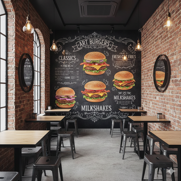 Интериор на модерен бургер бар с индустриален дизайн и фототапет тип черна дъска с илюстрации на бургери и меню.