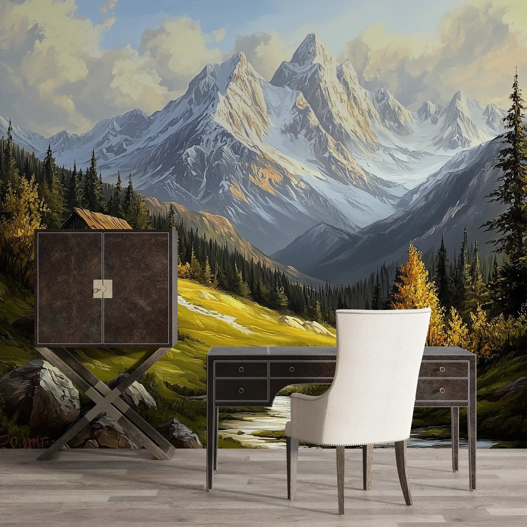 Scenic mountain mural in serene room with modern desk and chair, showcasing nature's beauty.