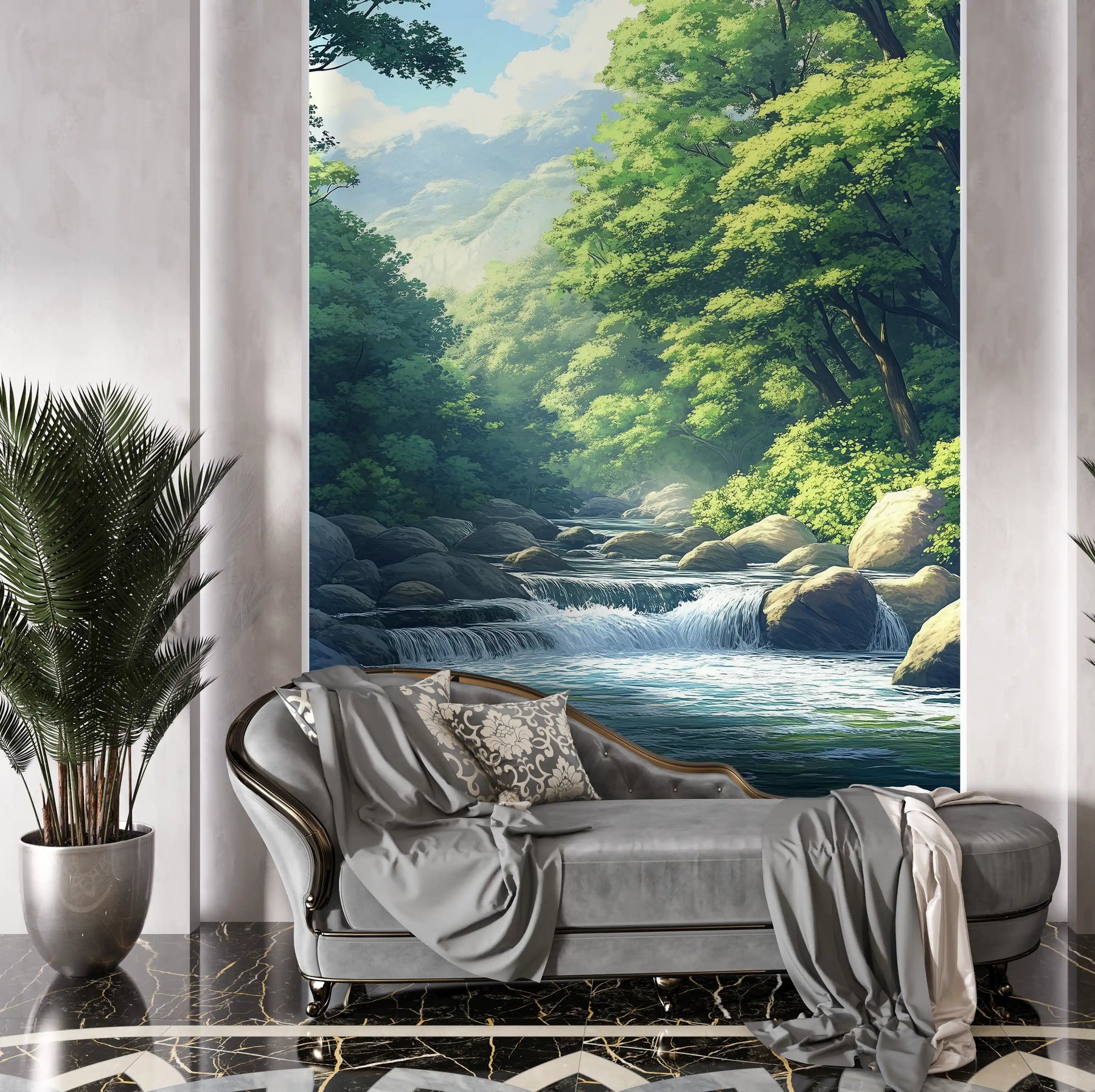 Wall mural of a serene waterfall in a lush green oasis, enhancing home decor with nature's tranquility.