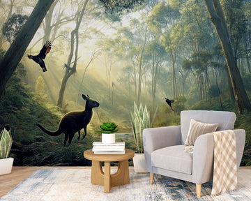 Serene forest mural featuring a kangaroo and birds, enhancing a cozy living space with nature's tranquility.