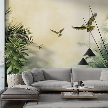 Elegant living room featuring a green oasis wallpaper with birds and tropical plants.