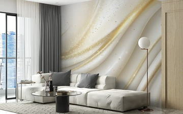 Elegant wallpaper design featuring gold and white swirls in a modern living room setting.